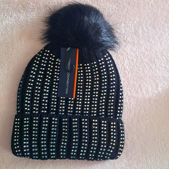 French Connection Black Iridescent Studded Rhinestone Faux Fur Pom Knit Beanie - Picture 1 of 6
